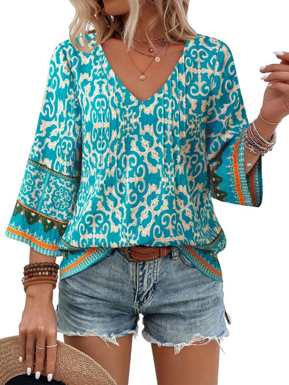 Womens V Neck 3/4 Sleeve Bohemian Casual Blouses Loose Fit Tunic Tops Shirt Boho